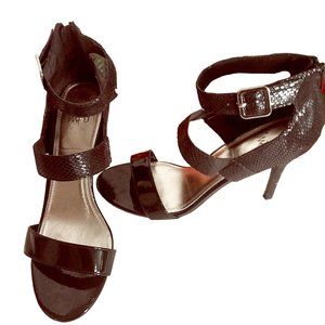 Black Textured Open Toe Olena Heels,  Black Strappy Animal Print Stilettos Heels